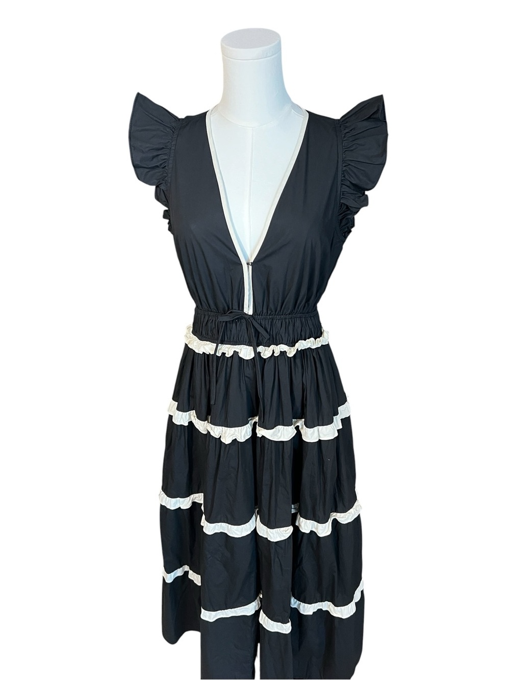 AUREUM Black & Ivory Ruffle Tiered Midi Dress | size S